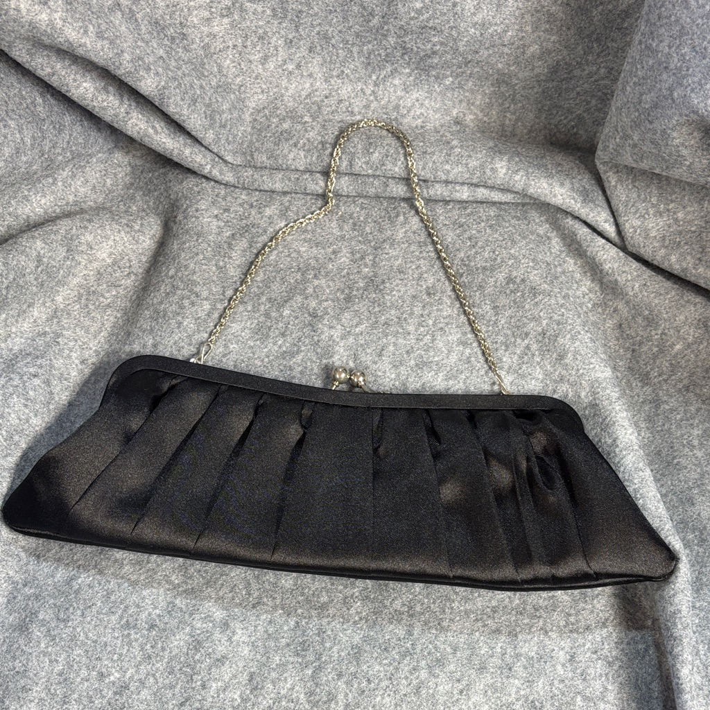 Vintage Black Satin Lined Clutch Silver Hardware Chain Kiss Lock Closer Purse